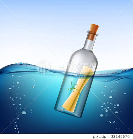 Glass bottle with message, floats in the water. Glass bottle with message, floats in the water. 32149670
