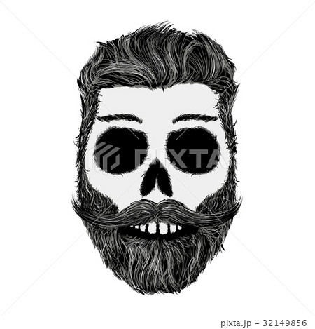 Sketch of human skull with a mustache and beard. 32149856