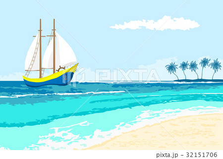 Summer sea view with sailboat and palms 32151706