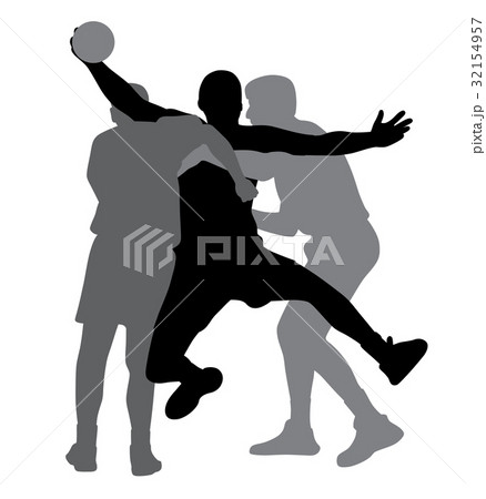 Two handball players blocking opponent player Two handball players blocking opponent player 32154957