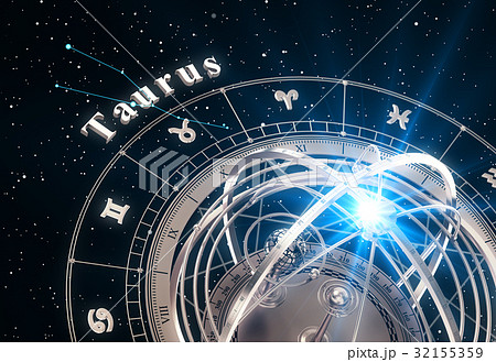 Zodiac Sign Taurus And Armillary Sphere On Black 32155359