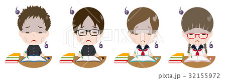 勉強する学生セット　疲れ 32155972