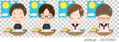 日中に勉強する学生セット　うとうと 32155987