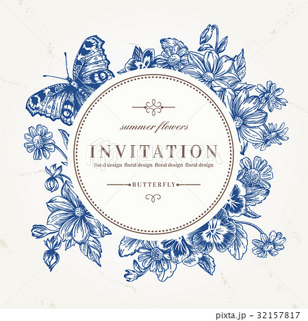 Round frame with flowers and butterfly. Round frame with flowers and butterfly. 32157817