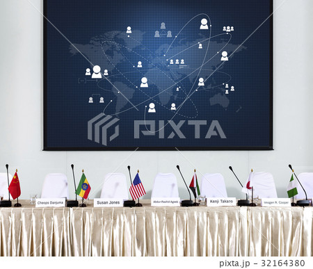 Illustration of global communication network technology at press conference 32164380