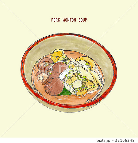 pork wonton soup , hand drawn sketch vector. pork wonton soup , hand drawn sketch vector. 32166248