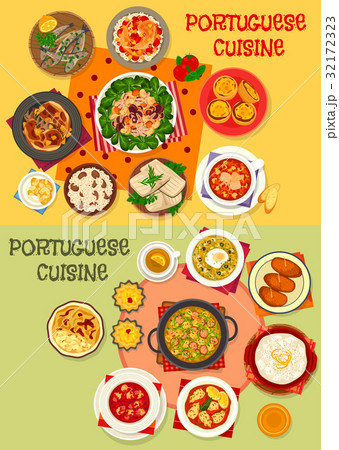 Portuguese cuisine seafood dinner menu icon set 32172323