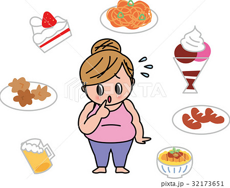 食欲 女性の肥満 不健康 ダイエット 食べ過ぎのイラスト素材 32173651