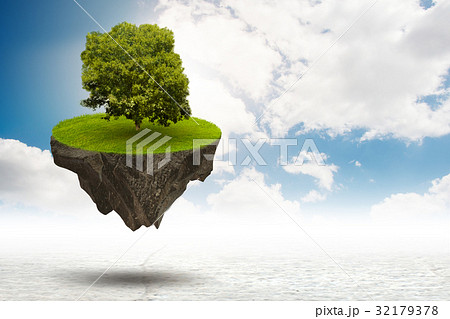 Single tree on floating island - 3d rendering 32179378