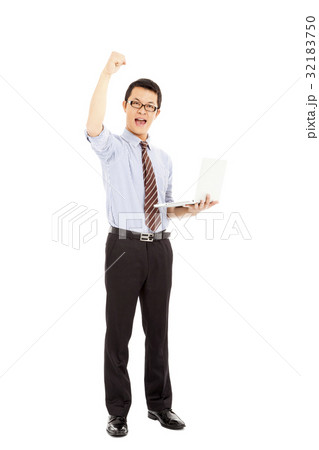 success computer engineer   standing  raise hand 32183750