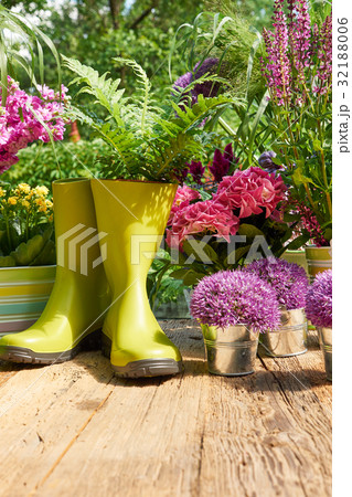 Gardening tools and flowers on the terrace Gardening tools and flowers on the terrace 32188006