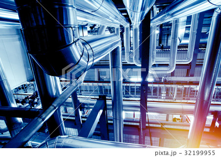 Industrial zone, Steel pipelines in blue tones 32199955