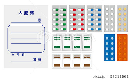 処方箋袋 のみ薬 カプセル 錠剤 顆粒 のイラスト素材