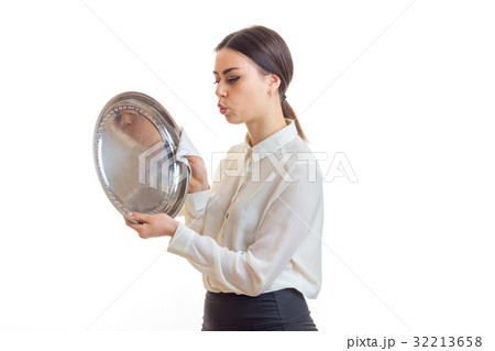 cute brunette waitress with silver trey in hands 32213658