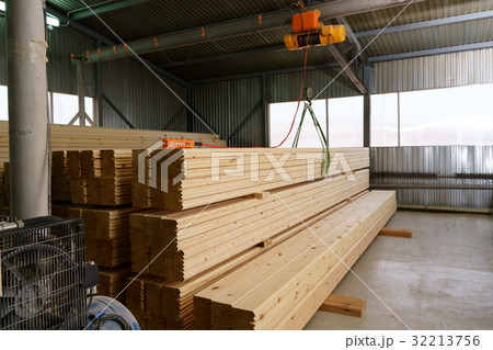 At sawmill. Warehouse lined with metal sheets At sawmill. Warehouse lined with metal sheets 32213756