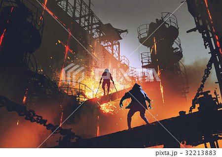 fight of two futuristic warriors in factory fight of two futuristic warriors in factory 32213883