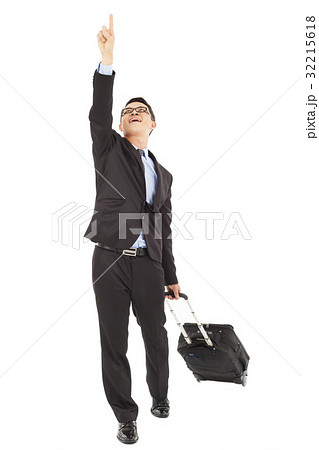 happy businessman raise a hand and look up 32215618