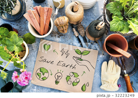 Planting and gardening aerial with environmental banner Planting and gardening aerial with environmental banner 32223249