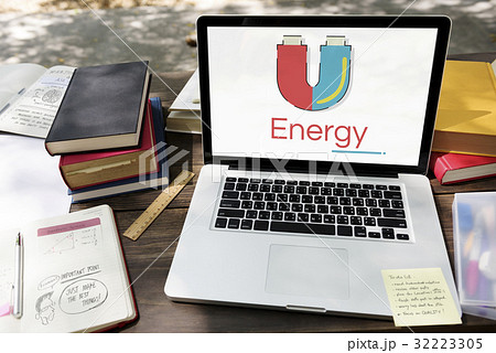 Illustration of horseshoe magnetic field energy on laptop 32223305