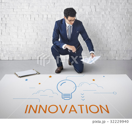 Man working on billboard network graphic overlay on floor 32229940