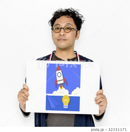 Man holding network graphic overlay billboard Man holding network graphic overlay billboard 32231171