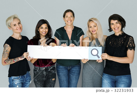 Group of women smiling and hodling search blank banner Group of women smiling and hodling search blank banner 32231933