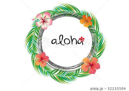 夏のイメージのイラスト｜ハイビスカスとヤシの葉のリース 32233504