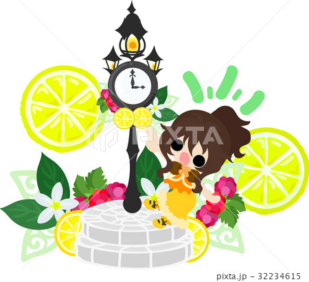 レモンの時計台と女の子のイラスト素材