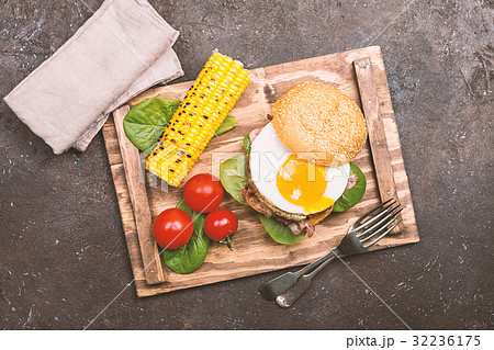 Homemmade Bacon Hamburger with fried Egg 32236175