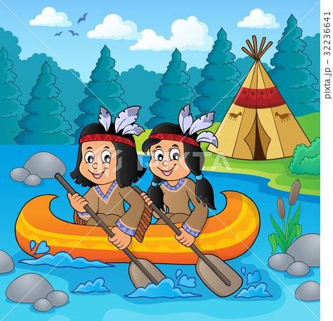 Native American children in boat theme 2 32236641
