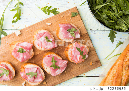 Bread with ham on table Bread with ham on table 32236986