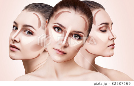 Collage of woman's faces with contouring makeup. 32237569
