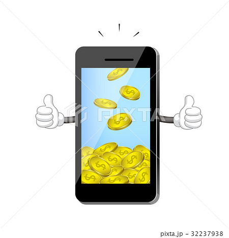 Cute cartoon smart-phone receiving money coin. Cute cartoon smart-phone receiving money coin. 32237938