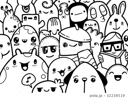 Hand drawn Crazy doodle Monster group,drawing 32238519