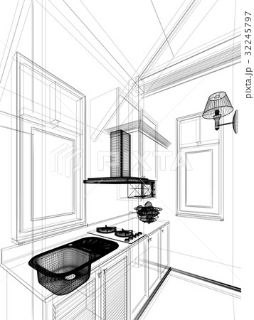 abstract sketch design of interior kitchen ,3d ren 32245797