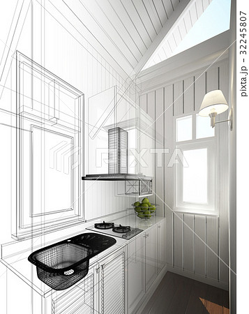 abstract sketch design of interior kitchen ,3d ren 32245807