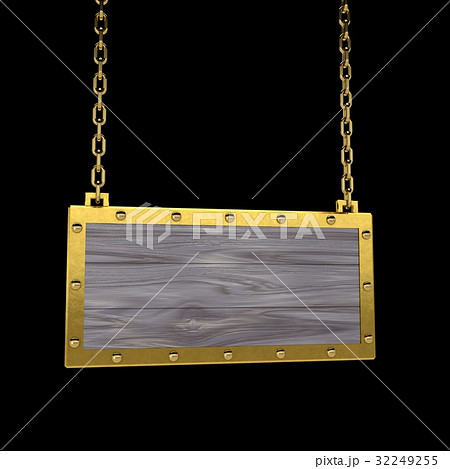 Blank wooden signboard with golden border hanging. 32249255