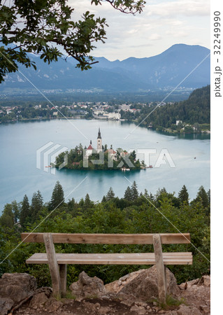 Bled lake with beautiful island observation bench Bled lake with beautiful island observation bench 32249990