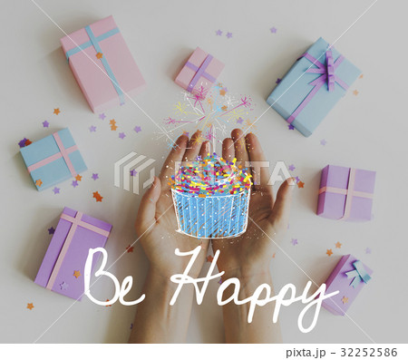 Aerial view of hands with gift boxes party anniversay 32252586