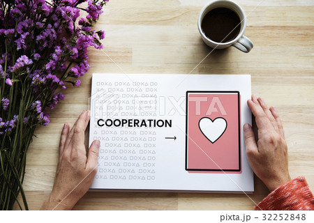 Hands working on banner network graphic overlay on table 32252848