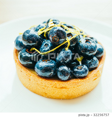 Sweet dessert with blueberry tart in white plate 32256757