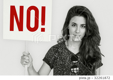 Woman hold caution alert sign 32261872
