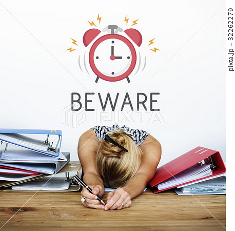 illustration of alarm clock wakes tired woman up 32262279