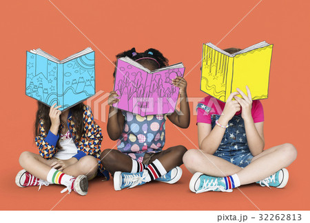 Children Girlfriends Reading Book Education Togetherness Studio Portrait Children Girlfriends Reading Book Education Togetherness Studio Portrait 32262813