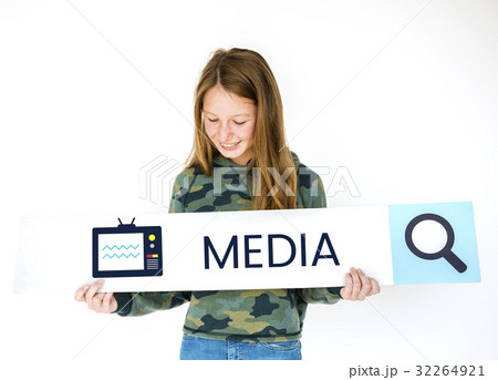 Woman holding banner network graphic overlay Woman holding banner network graphic overlay 32264921