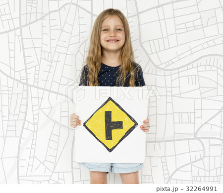 Young girl holding network graphic overlay banner 32264991