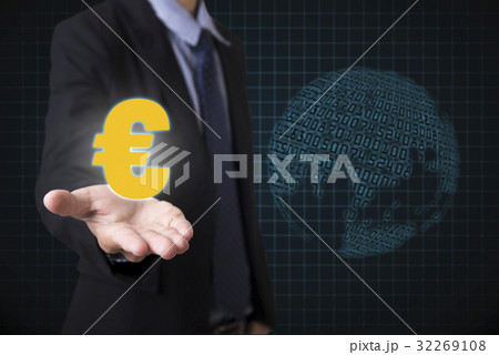 holding euro signs money with global financial 32269108