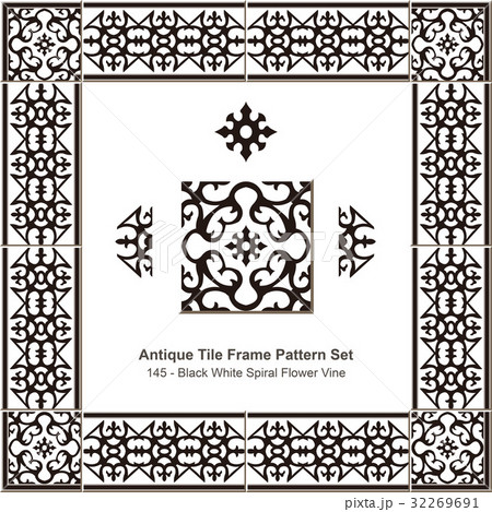 Antique tile frame Black White Spiral Flower Vine 32269691
