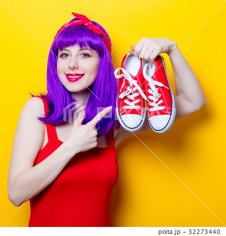 girl with purple color hair and sneakers girl with purple color hair and sneakers 32273440