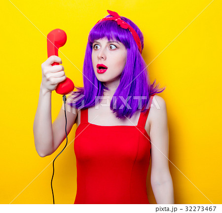 girl with purple color hair and red handset girl with purple color hair and red handset 32273467
